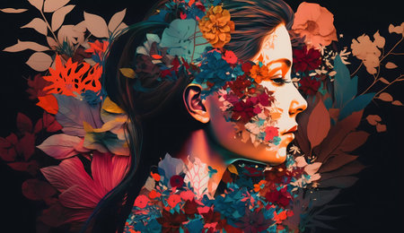 Portrait of a beautiful girl with flowers on her face. Beauty, fashion.の素材