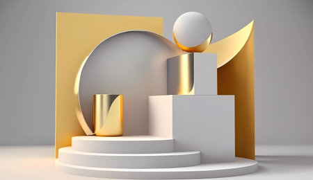 3d render, abstract minimal geometric forms. Glossy golden luxury podium for your design.の素材