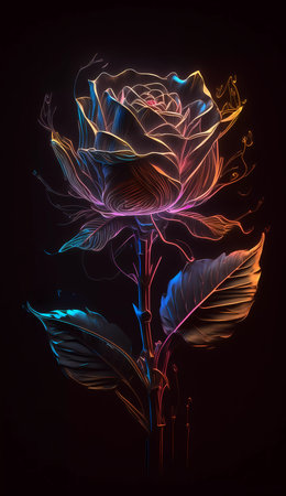 Illustration of a rose in neon light on a black background.の素材