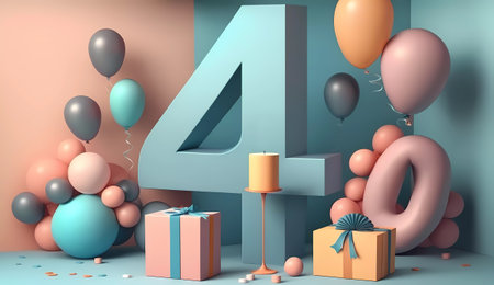 Number 4 with balloons, gifts and confetti. 3D Renderの素材