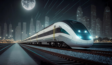 High-speed train in the city at night. 3d renderingの素材