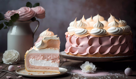 Cake with pink and white meringue on a wooden backgroundの素材