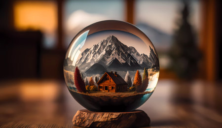 Glass ball with a reflection of the mountains in the window of the houseの素材