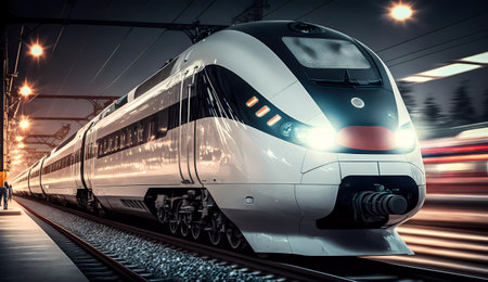 High-speed train in motion at night. 3d rendering.の素材