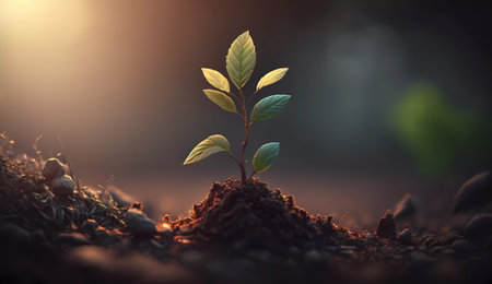 Young plant growing in soil. Ecology concept. 3D Renderingの素材