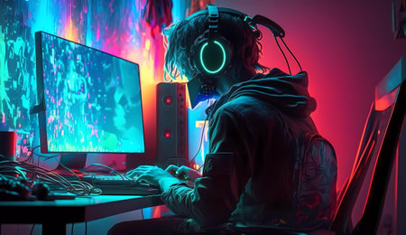 Cyberpunk gamer playing online games on a computer with headphones.の素材
