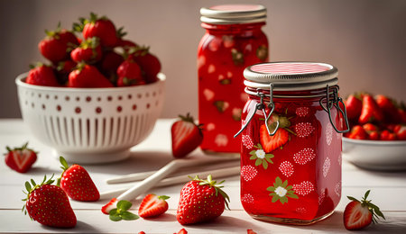 Strawberry jam in a glass jar on a white wooden tableの素材