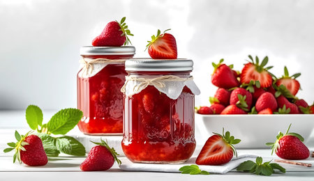Strawberry jam in glass jars with fresh strawberries and mint on white wooden tableの素材