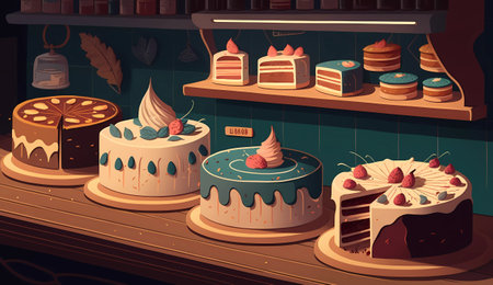 Vector illustration of a bakery shop with cakes and pastries on shelvesの素材