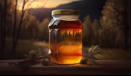 Honey in a jar on the background of an autumn forest.の素材