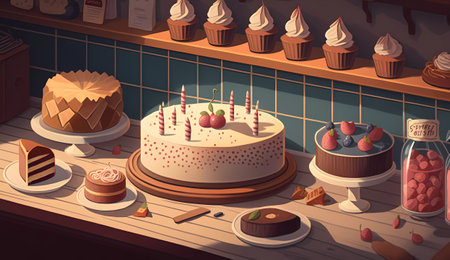 Vector illustration of a birthday cake with candles on a wooden table.の素材