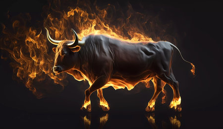 Bull in the fire on a black background. 3d rendering.の素材