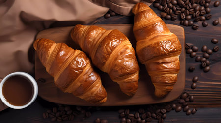 Freshly baked croissants on a wooden table with coffee beansの素材