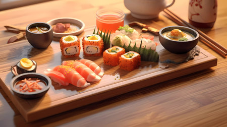 Sushi set on wooden table in japanese restaurant, closeupの素材