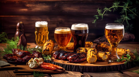 Grilled corn and beer on a wooden background. Selective focus.の素材