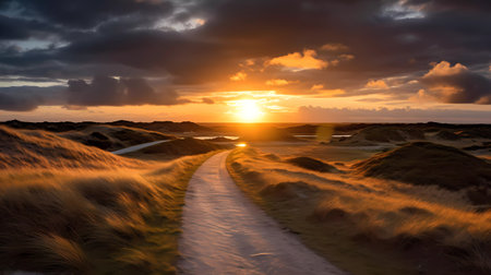 Dramatic sunset over sand dunes in Iceland, Europe.の素材