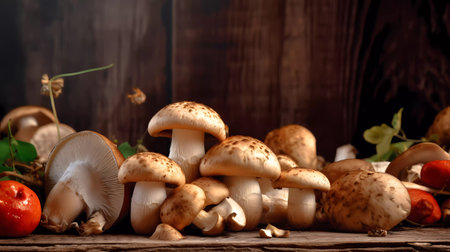 Mushrooms and vegetables on a wooden background. Selective focus.の素材