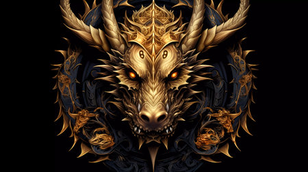 3D rendering of a fantasy dragon with a golden ornament on a black backgroundの素材