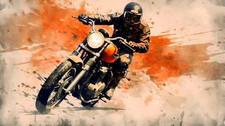 Motorcycle rider on a motorcycle in action. Digital watercolor painting.の素材