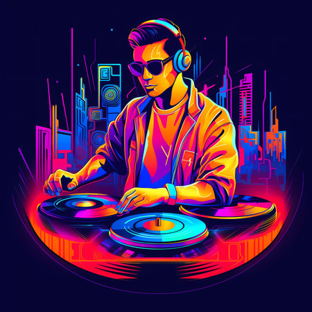 Dj mixes the track in the night club. Colorful vector illustration.の素材