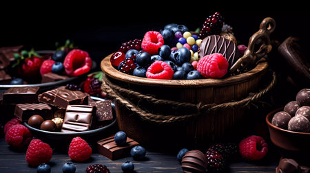 Assortment of chocolate candies in bowl with berries on wooden tableの素材