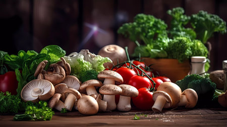Mushrooms and vegetables on a wooden background. Healthy food.の素材