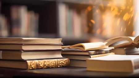 Books on the table in the library. Selective focus. Education.の素材