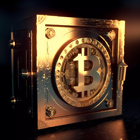 Golden metal safe with bitcoin symbol on dark background. 3D renderingの素材