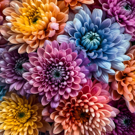 Colorful chrysanthemum flowers as background, top viewの素材