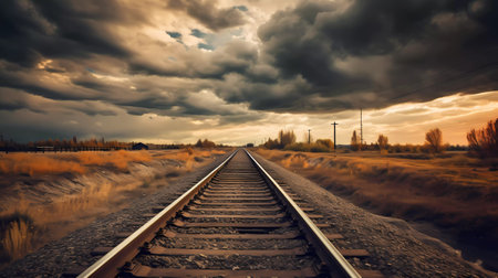 Railway tracks on the background of a stormy sky with clouds