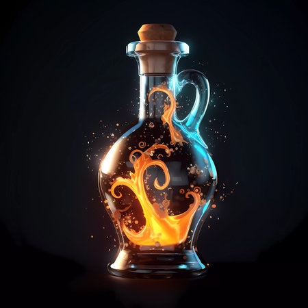 Bottle of oil with fire on dark background. 3D renderingの素材