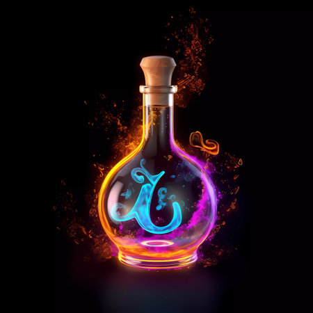 Magic pot in magic bottle with fire and smoke on a black backgroundの素材