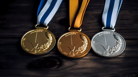 Gold, silver and bronze medals on a dark wooden background, close-upの素材