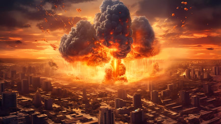 Explosive explosion in the city at sunset. 3D renderingの素材