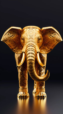 Golden elephant statue isolated on black background. 3D illustration. Vintage style.の素材