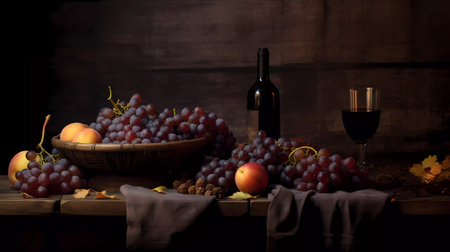Still life with red wine, grapes, walnuts and apples on wooden backgroundの素材