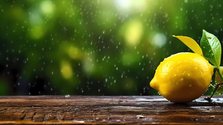 Lemon on a wooden table in the rain with bokeh backgroundの素材