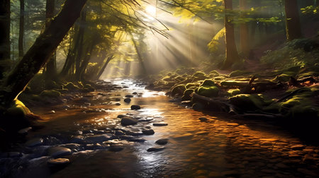 Sunlight in the forest with a small river flowing through it.の素材