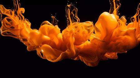 Orange ink in water isolated on black background. Abstract orange smoke.の素材