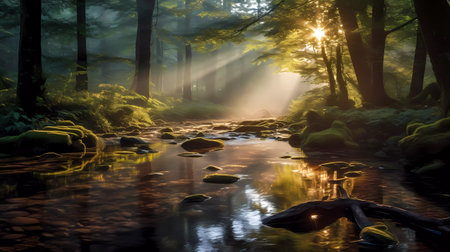 Beautiful landscape of a forest river with sun rays shining through the treesの素材