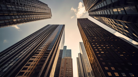 Low angle view of skyscrapers in Manhattan, New York City.の素材