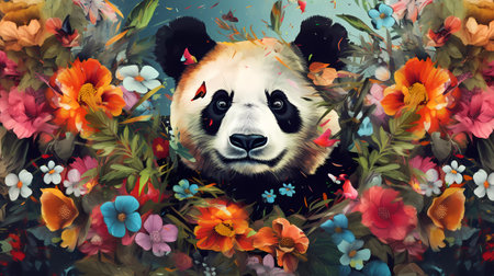 Panda in flowers. Digital painting of a pandas and colorful flowers.の素材