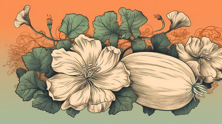 Illustration of pumpkins with leaves and flowers on an orange backgroundの素材