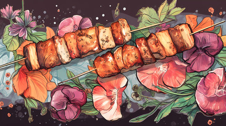 Illustration of grilled meat on skewers with flowers. Vector illustration.の素材