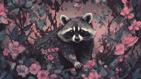 Raccoon sitting among blooming sakura branches. Watercolor illustration.の素材
