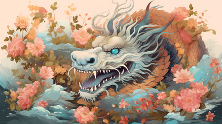 Dragon in the water with flowers. Vector illustration of a dragon.の素材