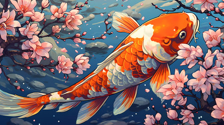 Koi fish with cherry blossom in the pond illustration for childrenの素材