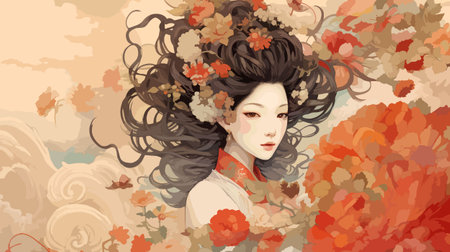 Beautiful asian girl with flowers in her hair. Vector illustration.のイラスト素材