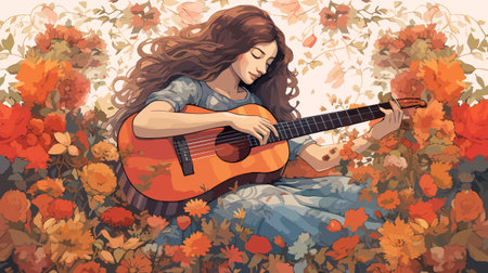 Beautiful young woman playing guitar in autumn park. Vector illustration.のイラスト素材