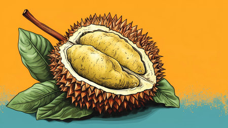 Illustration of durian fruit with leaves on the orange background.の素材